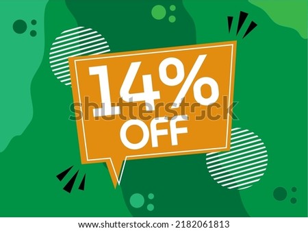 14% Off discount. Banner for promotion and offer with orange balloon on green background.