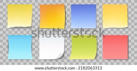 Set of eight note papers isolated on transparent background. Vector illustration.