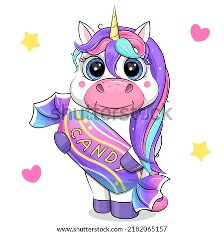 Cute cartoon unicorn holds a candy. Vector illustration of animal on white background.
