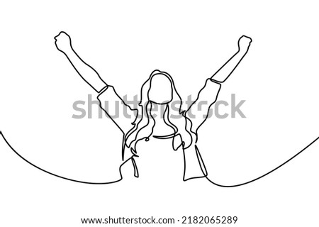 Continuous line drawing of cheering woman. Continuous one line drawing of woman rising hands up feeling happy and freedom. Cute girl feel free and young minimalism design isolated on white background. Royalty-Free Stock Photo #2182065289