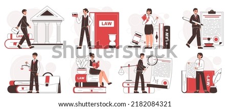 Law firm workers, lawyers litigation support and consultation. Legal service, law and judgment research flat vector illustration set. Justice and law scenes Royalty-Free Stock Photo #2182084321