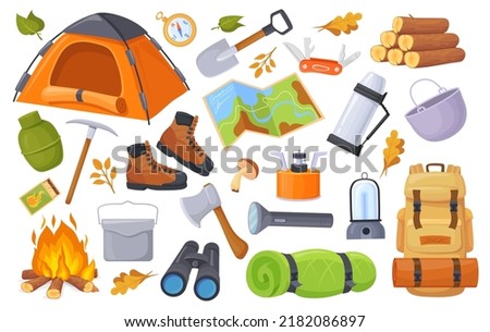 Outing equipment. Camping equipments, cartoon travel trekking scouts tool, hiking gear adventure trip rucksack tent camp object tourism summer vacation set neat vector illustration of tourist backpack Royalty-Free Stock Photo #2182086897