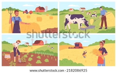 Countryside landscape workers. Peasant cultivating soil field agriculture, garden farmer farmland worker harvest hay bale on cow grassland countryside, vector illustration of countryside landscape Royalty-Free Stock Photo #2182086925