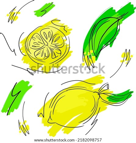 Drawn lemons on a white background. Lemon sketch. White background. Yellow green. Line art. Clipart. Lemon juice. Summer. Elements for creating decor. Vitamin C. Typography. Juiciness. Lemon set.