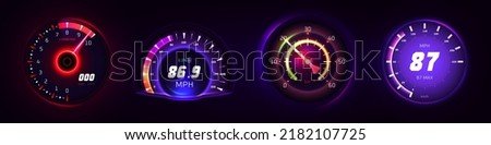 Car glowing speedometer, odometer and tachometer measure for auto digital dashboard realistic vector isolated on dark background. Speed counter, neon gauges with arrow or pointer for vehicle panel. Royalty-Free Stock Photo #2182107725