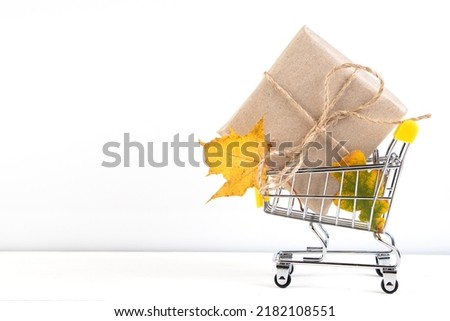 Autumn sale. Discount banner for advertising. Shopping cart and fallen yellow leaves on a white background. Copy space.