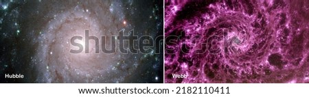 Hubble and Webb space telescopes photos comparisons visual gains. M74, NGC 628, constellation Pisces. Elements of this picture furnished by NASA