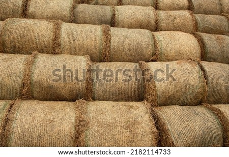 Hay stack background, texture. Hay prepared for farm animal feed in winter. Stacks dry hay open air field storage. Straw bale harvesting. Hay bale background Royalty-Free Stock Photo #2182114733