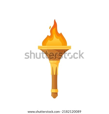 Medieval Torch, Isolated Game Asset. Ancient Flambeau With Burning Fire And Bright Sparks Glow. Flaming Torchlight Or Lighting Lantern On Wooden Decorated Handle. Cartoon Vector Illustration, Icon