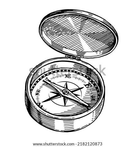 Compass isolated in vintage engraving style. Hand drawn sketch vector illustration. Camping, hike, travel concept