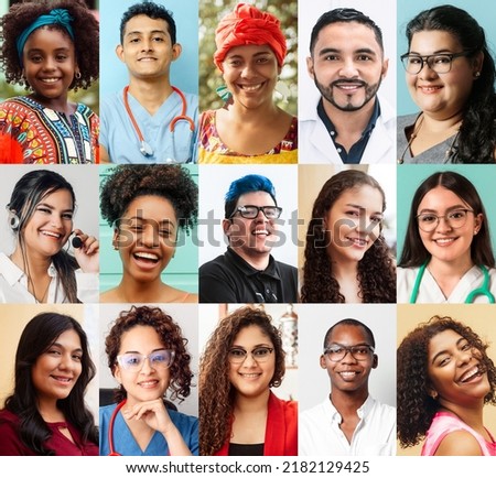 Portrait collage of people of different ethnicities, different ages and genders, Latin American ethnic diversity concept. Royalty-Free Stock Photo #2182129425