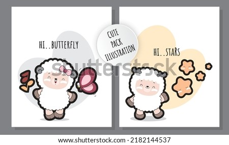 cute flat set illustration of sheep with butterflies and stars