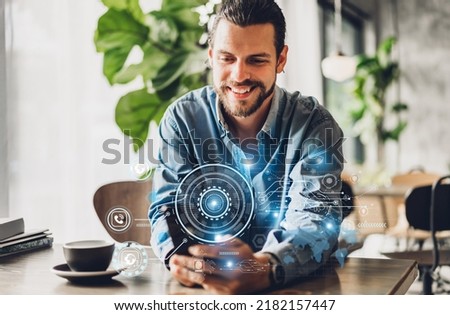 Success Businessman use smartphone with digital technology link internet connection HUD network ui icon futuristic virtual cloud connect internet online.Business world success and technology