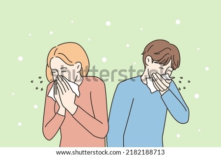 Unhealthy man and woman blowing nose suffer from flu or cold. Sick people struggle with health problems, have influenza or covid symptoms. Vector illustration.  Royalty-Free Stock Photo #2182188713