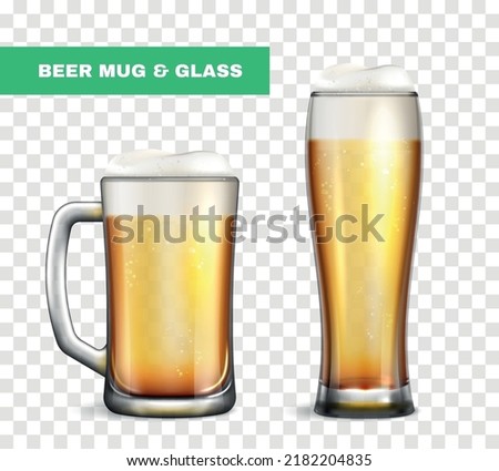 Realistic beer mug glass icon set two different glasses with and without a handle and filled with beer vector illustration Royalty-Free Stock Photo #2182204835