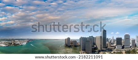 Aerial panorama of Miami and Brickell Key, Florida.