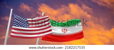 USA and Iran Flags are waving in the sky illustration