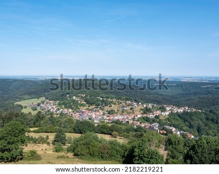village of dabo in vosges landscape seen from rock of dabo in france with hills and forests in the background under blue summer dky