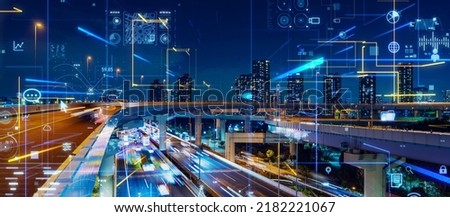 Modern city and communication network concept. IoT (Internet of Things). Smart city. Digital transformation.Wide image for banners, advertisements.