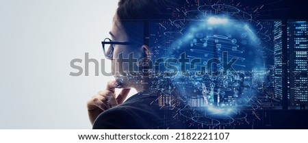 AI (Artificial Intelligence) concept. Human and technology. Digital transformation. Wide image for banners, advertisements. Royalty-Free Stock Photo #2182221107