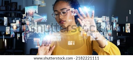Woman watching hologram screens. Digital contents concept. Social networking service. Streaming video. communication network. Wide image for banners, advertisements.