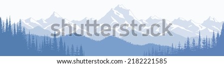 Mountain landscape, panoramic view of ridges and forest in fog, vector illustration Royalty-Free Stock Photo #2182221585