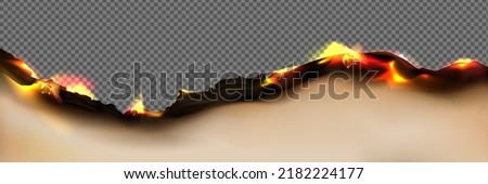 Burnt paper edge with fire and black ash isolated on transparent background. Vector realistic border with 3d scorched and smoldering brown paper page or parchment sheet with flame Royalty-Free Stock Photo #2182224177
