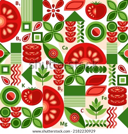 Tomato background with design elements in simple geometric style. Seamless pattern. Good for branding, decoration of food package, cover design, decorative print, background. Vector Royalty-Free Stock Photo #2182230929