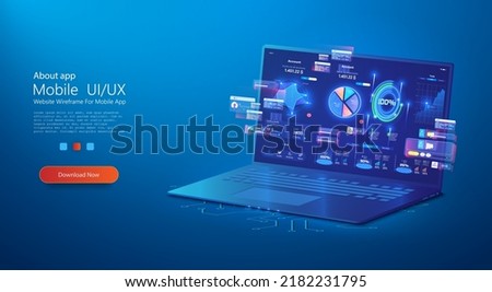 Application of laptop business graph and analytics data on isometric laptop. Analysis trends and financial strategy by using infographic chart. Online statistics, data Analysis. Forex, Stock Market Royalty-Free Stock Photo #2182231795
