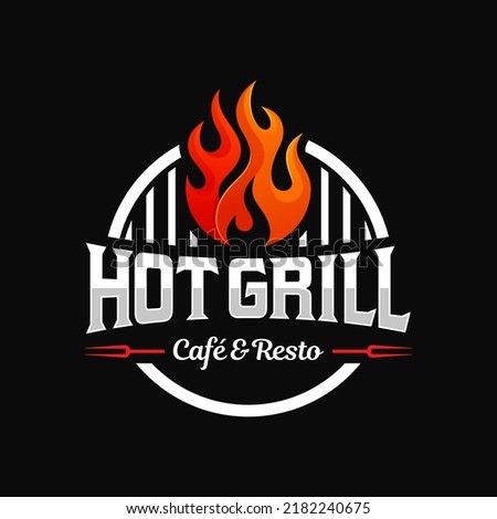 vintage grilled barbecue logo, retro BBQ vector, fire grill food and restaurant icon, Red fire icon Royalty-Free Stock Photo #2182240675
