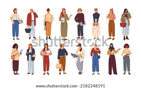 Modern business women set. Diverse businesswomen stand with mobile phones, laptop computers, notebooks, planners. Female office workers. Flat graphic vector illustrations isolated on white background Royalty-Free Stock Photo #2182248191