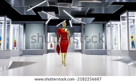 3D fashion show: virtual model walking by the podum. Fashionable red dress. 3D Rendering. High quality 4k footage. 3D Illustration