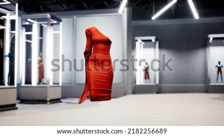 3D fashion show: virtual model walking by the podum. Fashionable red dress. 3D Rendering. High quality 4k footage. 3D Illustration