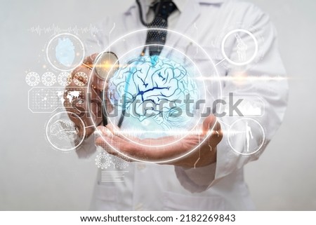 Doctor, surgeon analyzing patient brain testing result and human anatomy on technological digital futuristic virtual interface, digital holographic, innovative in science and medicine concept