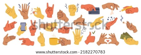 Set of hands gestures in doodle style isolated gesturing human arms. Vector man or woman hands showing peace sign, heart and money, handshake. Fingers with cigarette, pencil and bank card Royalty-Free Stock Photo #2182270783