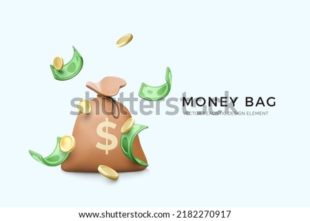 3D money bag with dollar sign and falling green paper currency and gold coins. Banking and finance business banner. Vector illustration Royalty-Free Stock Photo #2182270917