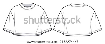 Overfit Cropped Tee shirt fashion flat tehnical drawing template. Unisex Crop T-Shirt, Crop Top fashion CAD mockup, front, back view, white color. Royalty-Free Stock Photo #2182274467