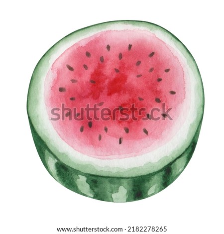 Watercolor illustration of hand painted watermelon with black seeds, green peel, red inside cut in half. Autumn harvest of vegetables, sweet berry. Isolated food clip art for Thanksgiving postcards