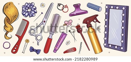 Sketches hairdressing salon objects set. Vector illustration of hairbrush, mirror, scissors and hair accessories Royalty-Free Stock Photo #2182280989