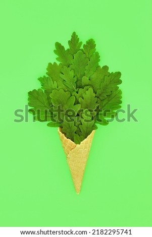 Surreal summer oak tree leaf ice cream waffle cone abstract concept with leaves. Eco and environmentally friendly design for brands and logos. On green background.