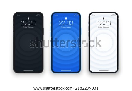 Different Assorted Minimalist Black Blue Light Grey Smooth Blur 3D Round Lines Wallpaper Set On Photo Realistic Cellphone Screen Isolate On White. Various Vertical Abstract Screensavers For Smartphone