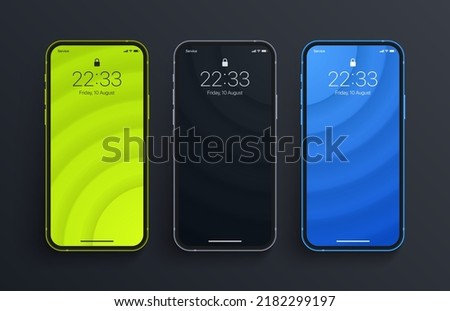 Different Variations Minimalist Bright Green Black Blue 3D Smooth Blurred Lines Wallpaper Set On Isolated Photo Realistic Smart Phone Screen. Various Vertical Abstract Screensavers For Smartphone