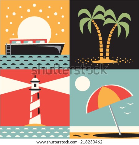 Vector illustration icon set of sea: ship, tree, lighthouse, beach