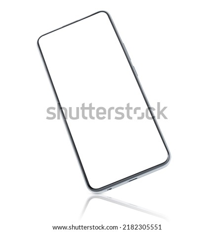 frameless smartphone standing at an angle, with a blank screen on a white isolated background Royalty-Free Stock Photo #2182305551