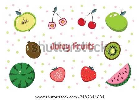 Collection of summer fruit clip art bundle with cherry, green apple, kiwi, strawberry, watermelon
