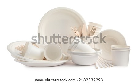 Set of disposable tableware on white background Royalty-Free Stock Photo #2182332293