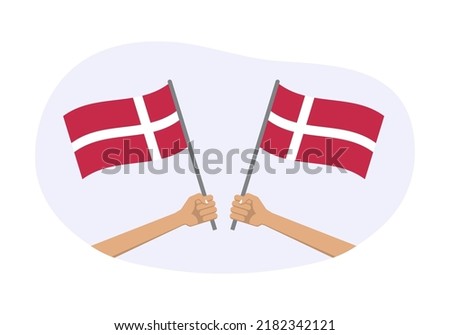 Denmark waving flag icon or badge. Hand holding Danish flags. Vector illustration.