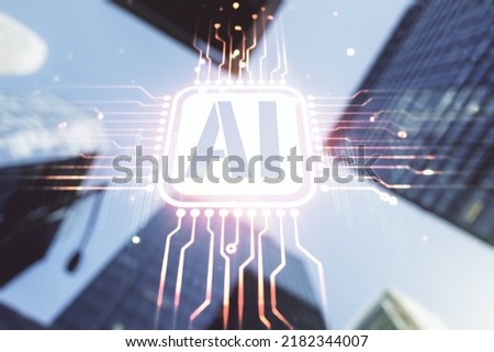 Abstract virtual artificial Intelligence symbol hologram on office buildings background. Multiexposure