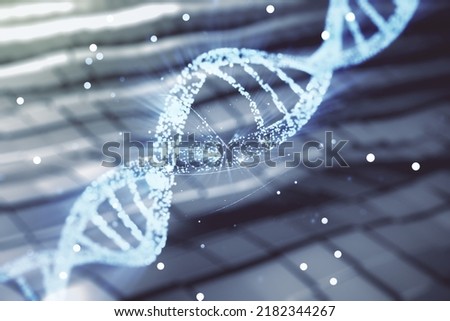 Virtual DNA symbol illustration on blurry abstract metal background. Genome research concept. Multiexposure