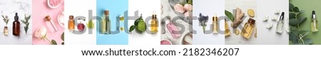 Collage with beautiful photos of different natural essential oils, top view. Banner design